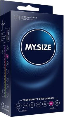 Презервативы MY.SIZE размер 64 - 10 шт. Длина: 22.3 см. Идеальный размер презерватива? Идеальный размер, это размер, в котором комфортно именно тебе. Стандартные презервативы, которые «на всех один размер», некоторым людям бывают неудобны - они сидят или слишком туго, или слишком широко. Май Сайз - отличные немецкие латексные презервативы, которые предлагают целую линейку размеров, в которой есть презервативы, предназначенные для членов разных окружностей. Просто измерь один раз окружность своего бойца в эрегированном состоянии, и ты будешь знать, какой размер латексных презервативов My Size подходит именно тебе. Толщина - 0,05 мм. Ширина - 64 мм. В упаковке - 10 шт. Страна: Германия. Материал: латекс. Объем: 10 шт.