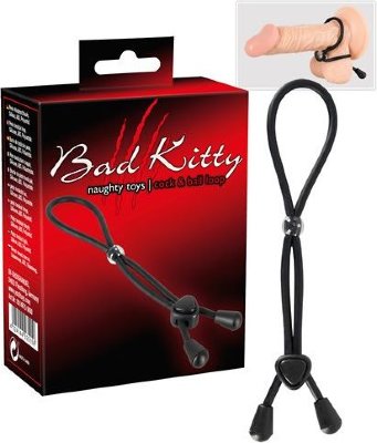 Кольцо для пениса в виде двойной петли Bad Kitty Лассо для пениса в виде двойной петли Bad Kitty. Плотно обхватывает не только пенис, но и мошонку.Обхват удобно регулируется бусинами. Лассо подходит под любой размер члена и обхватывает ровно так, чтобы долгое время поддерживать эрекцию. Общая длина шнура - 38 см. Страна: Китай. Материал: силикон.