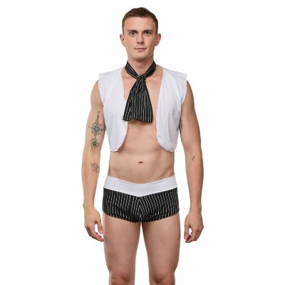 Мужской костюм «Синдбад» Мужской костюм «Синдбад» из 3 предметов: хипсов с вырезом, жилетки и галстука. В комплекте: трусы-хипсы, жилетка, галстук. Страна: Турция. Материал: 85% полиамид, 15% эластан.