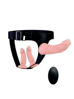 Женский страпон с 3 насадками и вибрацией Оригинальная секс-игрушка внесёт разнообразие в интимную жизнь и подарит настоящую эротическую феерию обоим партнёрам. Режимы вибрации (10 на выбор) усилят возбуждение и доведут до пика наслаждения. В комплект входят: - три съёмных реалистичных вибратора - удобные трусики с эластичными ремнями - три съёмных коннектора - пульт дистанционного управления - USB-провод. Для использования в качестве страпона вибраторы накручиваются на вставленные в отверстия трусиков коннекторы. При этом удовольствие получают оба партнёра. Также вибромассажёры могут использоваться в качестве самостоятельных секс-игрушек для всех видов интимной близости. Вибратор большего размера гнётся в разные стороны. Размер трусиков может регулироваться. Ремни хорошо тянутся, позволяя использовать изделие людям с разными параметрами тела. Длина большой насадки - 20 см, диаметр - 5 см. Длина малых насадок - 12,5 см, диаметр - 3,5 см. Страна: Китай. Материал: термопластичная резина (TPR). Батарейки: встроенный аккумулятор.