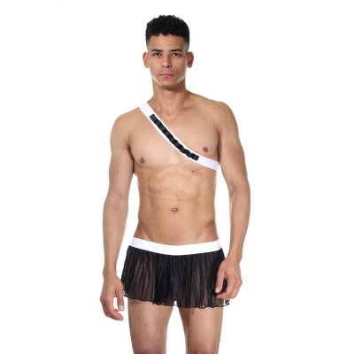 Черно-белый мужской игровой костюм Охотник Черно-белый мужской игровой костюм Охотник Эротичный костюм для мужчин, состоящий из черной плиссированной юбки на белом поясе с открытыми ягодицами и черно-белой повязки, которая одевается на верхнюю часть тела. В комплекте: юбка, наплечник. Страна: Турция. Материал: 85% полиамид, 15% эластан.