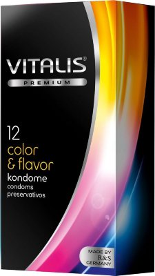 Цветные ароматизированные презервативы VITALIS PREMIUM color flavor - 12 шт. Длина: 18 см. Презерватив из натурального каучукового латекса, цветной, с ароматом, силиконовой смазкой и накопителем. Форма цилиндрическая. Качество ISO 4074:2002. Толщина стенки - 0,07 мм. Ширина - 53 мм. В упаковке - 12 шт. Страна: Германия. Материал: латекс. Объем: 12 шт.