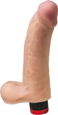 Реалистичный вибратор из неоскин - 19,5 см. Длина: 23.2 см. Диаметр: 5.2 см. Этот телесный виброфаллос с мошонкой не раз сможет вас удивить. Пройдитесь пальчиками по крупному стволу с вздёрнутой розовой головкой и тоненькими венками. Чувствуете? Как настоящая плоть! Исполнение из неоскин гарантирует секс-игрушке максимальную реалистичность как на вид, так и на ощупь. Мощная вибрация, управляемая пультом в виде колёсика, усилит ваш восторг от и без того восхитительных проникновений в лоно. Рабочая длина - 17,5 см. Диаметр головки - 4,4 см. Страна: Россия. Материал: неоскин. Батарейки: 2 шт., тип AA.