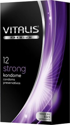 Презервативы с утолщённой стенкой VITALIS PREMIUM strong - 12 шт. Длина: 18 см. Презерватив из натурального каучукового латекса с утолщенной стенкой, с силиконовой смазкой и накопителем. Толщина стенки - 0,09 мм. Ширина - 53 мм. В упаковке - 12 шт. Страна: Германия. Материал: латекс. Объем: 12 шт.