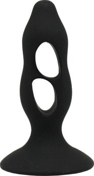 Чёрная анальная пробка с полостями для сжатия и легкого введения - 11 см.