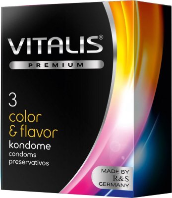 Цветные ароматизированные презервативы VITALIS PREMIUM color flavor - 3 шт. Длина: 18 см. Презерватив из натурального каучукового латекса, цветной, с ароматом, смазкой и накопителем. Форма цилиндрическая. Качество ISO 4074:2002. Толщина стенки - 0,07 мм. Ширина - 53 мм. В упаковке - 3 шт. Страна: Германия. Материал: латекс. Объем: 3 шт.