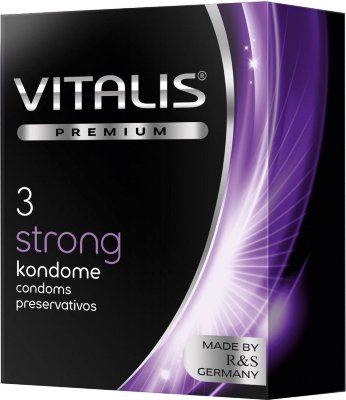 Презервативы с утолщенной стенкой VITALIS PREMIUM strong - 3 шт. Длина: 18 см. Презерватив из натурального каучукового латекса, с утолщенной стенкой, силиконовой смазкой и накопителем. Форма цилиндрическая. Толщина стенки - 0,09 мм. Ширина - 53 мм. В упаковке - 3 шт. Страна: Германия. Материал: латекс. Объем: 3 шт.
