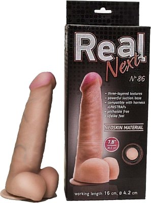 Телесный фаллоимитатор на присоске REAL Next №86 - 20,5 см. Длина: 21.3 см. Диаметр: 4.9 см. Реалистичный фаллоимитатор телесного цвета выполнен из уникального материала, на ощупь напоминающего кожу человека. Крепкий и упругий ствол фаллоса покрыт рельефными венками, оказывающими дополнительную стимуляцию эрогенным зонам. Аккуратная гладкая головка гарантирует приятное и комфортное проникновение. Вы можете закрепить фаллос на любой поверхности при помощи присоски в основании игрушки и испытать удовольствие в различных позах. Рабочая длина - 16 см. Диаметр головки - 4,2 см. Страна: Россия. Материал: неоскин.