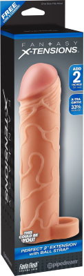 Телесная насадка с кольцом Perfect 2 Extension with Ball Strap - 19 см. Длина: 19 см. Диаметр: 4.4 см. Реалистичная насадка с выделяющимися венами, складками, ярко выраженной головкой. Изготовлена из супер-эластичного Fanta Flesh материала. Материал не содержит фталатов. Подходит для большинства размеров. Увеличивает диаметр (даёт в среднем 33% увеличения в диаметре от исходных параметров) и увеличивает длину на 5,1 см. У основания насадки имеется кольцо, которым опоясывается мошонка для пролонгации полового акта. Также кольцо способствует удержанию насадки на месте. Внутренний диаметр - 2,7 см. Прирост длины - 5,1 см. Страна: Китай. Материал: термопластичный эластомер (TPE).