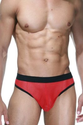 Красно-черные мужские трусы-тонги Красно-черные мужские трусы-тонги Мужские тонги из красной полупрозрачной ткани, с черным кантом и на широком черном поясе. Страна: Турция. Материал: 85% полиэстер, 15% эластан.