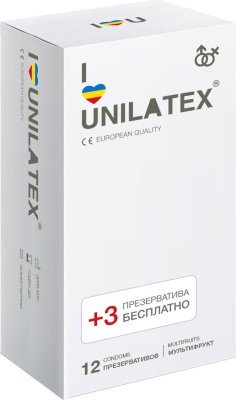 Разноцветные ароматизированные презервативы Unilatex Multifruit - 12 шт. + 3 шт. в подарок Длина: 19 см. Презервативы стандартного размера, гладкая поверхность, эргономичной формы, цветной латекс красного, желтого и синего цветов, в натуральной гипоаллергенной смазке на основе силиконового масла с ароматом клубники, банана и мультифрукта. Толщина стенки - 0,06 мм. Ширина - 54+/-2 мм. В упаковке - 15 шт. - Регистрационное удостоверение РФ: РЗН 2015/2534 - Дата регистрации медицинского изделия: 01.11.2023 г. - Срок действия регистрационного удостоверения: бессрочно - Представитель изготовителя медицинского изделия: ООО «Юнилатекс Трейд Рус», 188800, Россия, Ленинградская область, г. Выборг, ул. Мира, д. 7А - Номер модели: 4666072. Страна: Малайзия. Материал: латекс. Объем: 12 шт. + 3 шт. в подарок.
