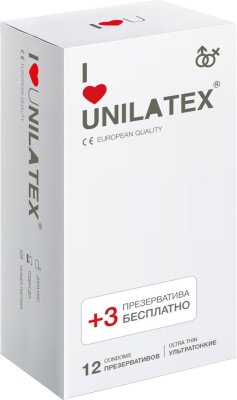 Ультратонкие презервативы Unilatex Ultra Thin - 12 шт. + 3 шт. в подарок Длина: 19 см. Таблетки или презервативы? За презервативами стоит прочная защита от венерических заболеваний, их не надо принимать по часам, и они не вызывают гормонального сбоя. Одно «но» — ощущения не те. Хотя стоп! Присутствие Unilatex Ultra Thin незаметно! Так что в этом споре победа однозначно достаётся презервативам. Классические презервативы ультратонкого размера, гладкая поверхность, латекс телесного цвета, эргономичной формы, в натуральной гипоаллергенной смазке на основе силиконового масла. Особо чувствительные. В упаковке - 15 шт. Толщина стенки - 0,05 мм. Ширина - 54+/-2 мм. - Регистрационное удостоверение РФ: РЗН 2015/2534 - Дата регистрации медицинского изделия: 01.11.2023 г. - Срок действия регистрационного удостоверения: бессрочно - Представитель изготовителя медицинского изделия: ООО «Юнилатекс Трейд Рус», 188800, Россия, Ленинградская область, г. Выборг, ул. Мира, д. 7А - Номер модели: 4666071. Страна: Малайзия. Материал: латекс. Объем: 12 шт. + 3 шт. в подарок.