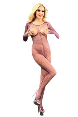 Фиолетовый комбинезон-сетка с вырезами на груди и в шагу Фиолетовый комбинезон-сетка с вырезами на груди и в шагу. Страна: Турция. Материал: 85% полиамид, 15% эластан.