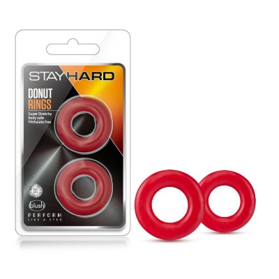 Набор из 2 красных эрекционных колец Stay Hard Donut Rings Длина: 3.56 см. Набор из 2 красных эрекционных колец Stay Hard Donut Rings. Внутренний диаметр - 1,7 см. Страна: Китай. Материал: термопластичный эластомер (TPE).