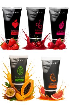 Набор из 5 съедобных лубрикантов JUJU (клубника, малина, тропические фрукты, вишня, грейпфрут)