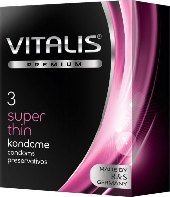 Ультратонкие презервативы VITALIS PREMIUM super thin - 3 шт. Длина: 18 см. Презерватив из натурального каучукового латекса, ультратонкий, с силиконовой смазкой и накопителем. Форма цилиндрическая. Качество ISO 4074:2002. Толщина стенки - 0.055 мм. Ширина - 53 мм. В упаковке - 3 шт. Страна: Германия. Материал: латекс. Объем: 3 шт.