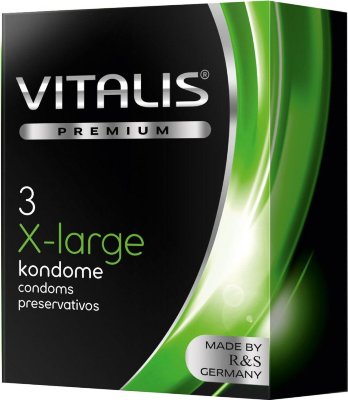 Презервативы увеличенного размера VITALIS PREMIUM x-large - 3 шт. Длина: 19 см. Презерватив из натурального каучукового латекса, увеличенного размера, с силиконовой смазкой и накопителем. Форма цилиндрическая. Толщина стенки - 0.07 мм. Ширина - 57 мм. В упаковке - 3 шт. Страна: Германия. Материал: латекс. Объем: 3 шт.