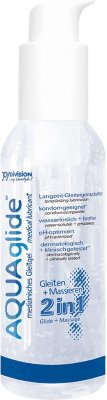 Вагинальная смазка 2-в-1 на водной основе AQUAglide - 125 мл. Используйте смазку AQUAglide 2in1 для массажа всего тела и для наилучшего скольжения по время интимной близости. Дозатор обеспечит наиболее комфортное использование смазки - вам не нужно будет отвлекаться от самого главного для того, чтобы закрыть крышку тюбика. Смазка изготовлена на водной основе - смело используйте ее с презервативом или любимой секс-игрушкой. Легко смывается водой. Без запаха. рН нейтральный. Страна: Германия. Объем: 125 мл.