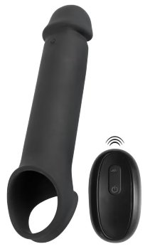 Черная вибронасадка для пениса с хомутом для мошонки и пультом ДУ Remote Controlled Penis Extension