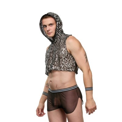 Мужской костюм «Боксер» Мужской костюм «Боксер» из 3 предметов: топа с капюшоном, прозрачных шорт, напульсников. В комплекте: топ, шорты, напульсники. Страна: Турция. Материал: 85% полиамид, 15% эластан.