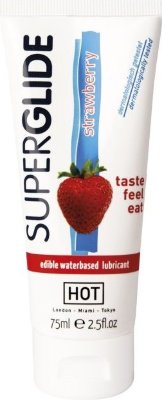Гель на водной основе с ароматом клубники - 75 мл. Вам не впервой отказывать партнёру/партнёрше в оральных ласках из-за того, что половые органы смазаны горьким на вкус лубрикантом? Если так, съедобная гель-смазка с ароматом клубники Superglide Strawberry станет для вас настоящим открытием! Съедобная, приятная на вкус и обеспечивающая отличное скольжение, она превратит близость в истинное блаженство! Обеспечивает отличное увлажнение и подходит для всех видов любви. Не пачкает бельё и постель. Наносится в область гениталий. Вода, глицерин, ксантановая камедь, порошок красных водорослей, лимонная кислота, ароматизатор, бензоат натрия, сорбат калия. Страна: Великобритания. Объем: 75 мл.