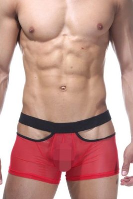 Откровенные трусы-боксеры из полупрозрачной ткани Откровенные трусы-боксеры из полупрозрачной ткани Откровенные трусы-боксеры из красной полупрозрачной ткани, с вырезом на интимном месте. Трусы на широкой черной резинке, с двумя небольшими вырезами по бокам. Страна: Турция. Материал: 85% полиамид, 15% эластан.