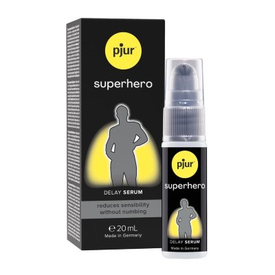 Пролонгатор-сыворотка pjur Superhero Delay Serum - 20 мл. Инновационная сыворотка для задержки эякуляции у мужчин. Гель создает защитную пленку на половом члене, которая снижает чувствительность без онемения. Это помогает предотвратить преждевременную эякуляцию. Сыворотку можно использовать каждый день, она совместима с латексными презервативами. Она также отлично сочетается со всеми лубрикантами pjur. Нанесите 1–2 порции на головку полового члена и равномерно распределите. Слегка промокните через 15–20 секунд (не вытирайте), чтобы сыворотка не подействовала на вашего партнера. Cyclopentasiloxane, Dimethicone, Polymethylsilsesquioxane, Dimethiconol. Страна: Германия. Объем: 20 мл.
