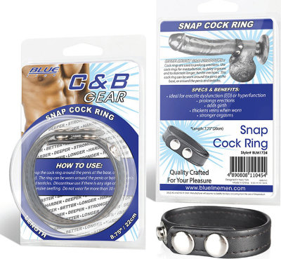 Кольцо на пенис из искусственной кожи на клепках SNAP COCK RING Диаметр: 5.5 см. Эрекционное кольцо из качественной искусственной кожи на металлических клепках. Кольцо можно надевать как отдельно на пенис, так и одновременно на пенис и мошонку. Кольцо пролонгирует эрекцию, добавляет дополнительный объем пенису, утолщая вены, и усиливает оргазм. Диаметр можно варьировать от 3,5 см до 5,5 см. Носить не более 30 минут. Упаковка: Блистер. Страна: США. Материал: искусственная кожа.