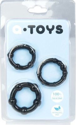 Набор из 3 чёрных эрекционных колец A-toys Эрекционные силиконовые кольца A-Toys для усиления эрекции и продления полового акта. Диаметр колец - 2,3, 3 и 3,2 см. Минимальный диаметр основной части-2 см. Страна: Китай. Материал: силикон.