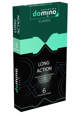 Презервативы с пролонгирующим эффектом DOMINO Classic Long action - 6 шт. Длина: 18 см. Для тех, кто хочет продлить любовную игру и насладиться ею в полной мере, созданы презервативы DOMINO Classic Long action с пролонгирующим эффектом! С ними вы забудете о времени и будете погружены в близость с партнером так долго, как вы этого захотите. Гладкие презервативы с накопителем из высококачественного латекса в смазке с добавлением анестетика. Презервативы DOMINO Classic Long action изготовлены с тщательным соблюдением европейских технологий качества и прошли электронную проверку на прочность и целостность материалов. DOMINO Classic Long action позволят продлить наслаждение и не думать о времени, не подведут в самый ответственный момент. Вам не придется думать о том, что он будет скатываться или соскальзывать. Презервативы DOMINO Classic Long action – открой свои возможности по-новому – продли удовольствие себе и партнеру. Номинальная ширина - 52 мм. Толщина стенок - 0,06 мм. В упаковке - 6 шт. - Регистрационное удостоверение РФ: РЗН 2019/8088 - Дата регистрации медицинского изделия: 04.06.2024 г. - Срок действия регистрационного удостоверения: бессрочно - Представитель изготовителя медицинского изделия: ООО «ФЛЭШ-ЛАЙТ», 129085, Россия, Москва, вн.тер.г. муниципальный округ Останкинский, пр-кт Мира, д. 101, стр. 1, эт. 4, помещ. I, ком. 14, оф 181 - Номер модели: 9049557. Страна: Китай. Материал: латекс. Объем: 6 шт.