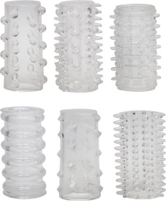 Набор из 6 насадок с шипиками Red Roses Длина: 4.5 см. Набор из 6 эрекционных насадок прозрачного цвета на мужской половой орган. Выполнены из гипоаллергенного материала. Структура - с шипами, шишками и ребрами для большей стимуляции. Длина одинаковая, разница только в рельефе. Внутренний диаметр - 1,3 см. Страна: Китай. Материал: термопластичный эластомер (TPE).