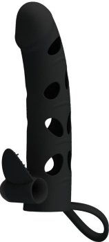 Чёрная закрытая насадка на пенис с вибрацией - 15,2 см.