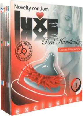 Презерватив LUXE Exclusive Красный Камикадзе - 1 шт. Длина: 18 см. Он красный. Он шипастый. Он крепок и гарантирует защиту от ЗППП. А ещё, будучи единожды использован, он обречён на выброс. «Красный камикадзе» - презерватив, благодаря которому сексуальная близость будет как защищённой, так и чувственной. Номинальная ширина - 52 мм. Толщина стенок - 0,06 мм. - Регистрационное удостоверение РФ: ФСЗ 2008/01056 - Дата регистрации медицинского изделия: 20.08.2015 г. - Срок действия регистрационного удостоверения: бессрочно - Представитель изготовителя медицинского изделия: ООО «Трио-Люкс», 105182, Россия, Москва, Щелковское шоссе, вл. 10А, стр. 1 - Номер модели: 3472237. Страна: Китай. Материал: латекс. Объем: 1 шт.