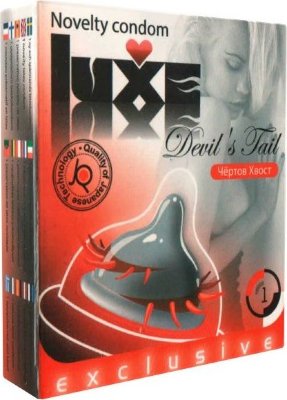 Презерватив LUXE Exclusive Чертов хвост - 1 шт. Длина: 18 см. Когда на вашем пенисе «Чёртов хвост» с шипами, закручивающимися по спирали, вы можете быть уверены в трёх вещах. Во-первых, ЗППП – это не ваш удел. Во-вторых, нежелательная беременность – вам не угроза. И, в-третьих, ваша девушка получит удовольствие – как-никак, чувственный массаж стеночек лона! Номинальная ширина - 52 мм. Толщина стенок - 0,06 мм. - Регистрационное удостоверение РФ: ФСЗ 2008/01056 - Дата регистрации медицинского изделия: 20.08.2015 г. - Срок действия регистрационного удостоверения: бессрочно - Представитель изготовителя медицинского изделия: ООО «Трио-Люкс», 105182, Россия, Москва, Щелковское шоссе, вл. 10А, стр. 1 - Номер модели: 3472237. Страна: Китай. Материал: латекс. Объем: 1 шт.