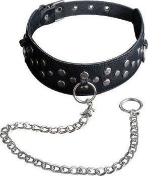 Кожаный чёрный ошейник с карабином и поводком