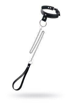 Черный узкий однослойный ошейник с серебристым поводком-цепочкой