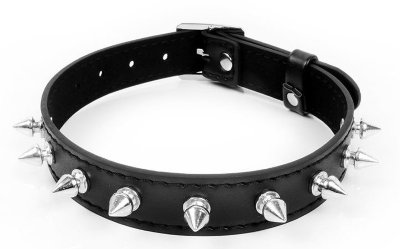 Черный ошейник с серебристыми шипами Длина: 42 см. Оригинальный ошейник для любителей БДСМ-игр, декорированный металлическими украшениями. Имеет возможность регулировки размера с помощью ремешков. БДСМ-аксессуар прост в применении, не требуют специального ухода. Страна: Китай. Материал: поливинилхлорид (ПВХ, PVC).