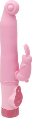 Розовый вибромассажёр с клиторальным зайчиком - 16,5 см. Длина: 16.5 см. Диаметр: 3 см. Розовый вибромассажёр с клиторальным зайчиком. Одновременная вагинальная и клиторальная стимуляция. Страна: Китай. Материал: силикон. Батарейки: 4 шт., тип AAA.