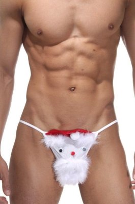 Мужские трусы-стринги с Санта Клаусом Трусы-стринги белого цвета, на тонких резинках. Спереди Санта Клаус, с белой бородой, глазами и в красном колпаке. Страна: Турция. Материал: 85% полиэстер, 15% эластан.