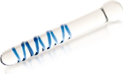 Втулка из стекла с рукояткой - 20 см. Длина: 19 см. Диаметр: 3.5 см. Качественная втулка из прозрачного стекла покрытая спиралью желобков, окрашенных синим цветом. Кольцо-шар для более комфортного использования. Минимальный диаметр - 2,5 см. Страна: Китай. Материал: стекло.