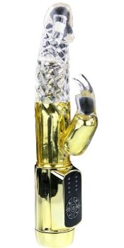 Золотистый вибратор Gold Rabbit Prince с ротацией - 21,5 см.