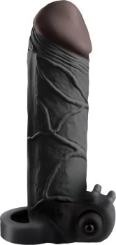 Чёрная вибронасадка с кольцом Vibrating Real Feel 2 Extension - 16 см.